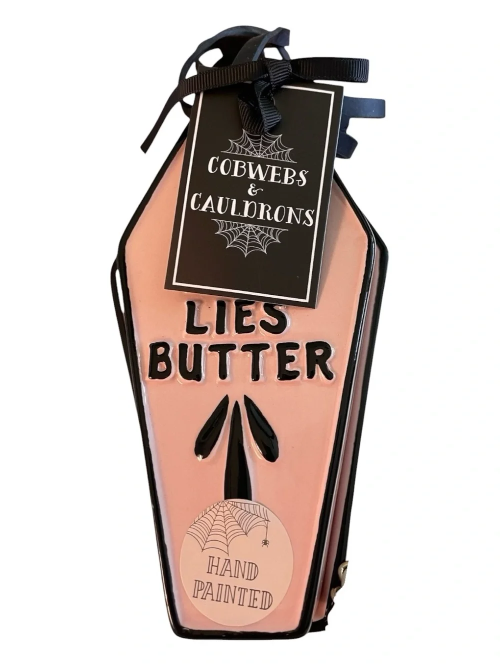 Cobwebs & Cauldrons Hand Painted “Here Lies Butter” Butter Dish Pink Black NWT